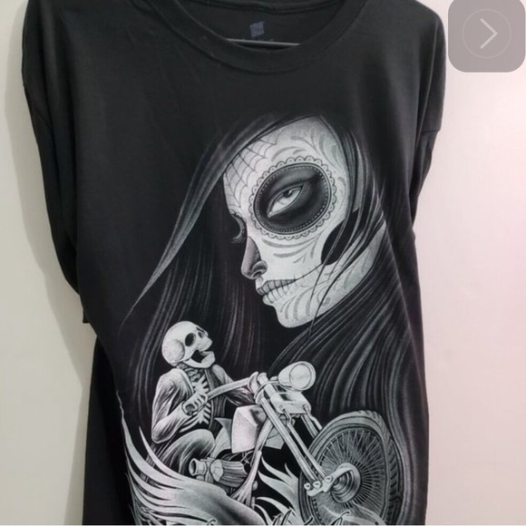 Ghost Biker & Lady Moon Black Graphic Tee with Skeleton and Sugar Skull Design. - Picture 3 of 3